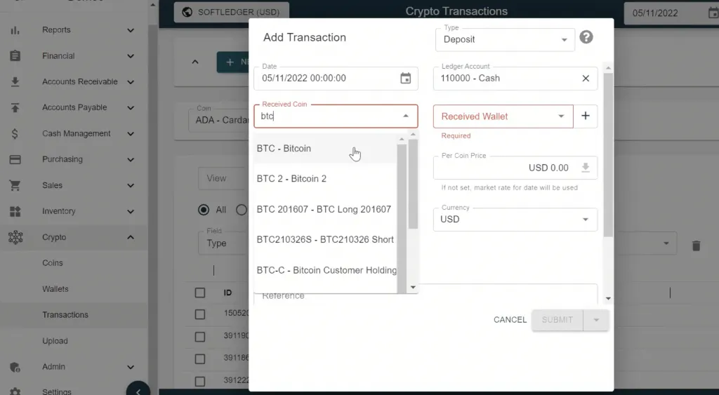 Step 3 when accounting for intangible assets in SoftLedger - for this example set the received coin as Bitcoin