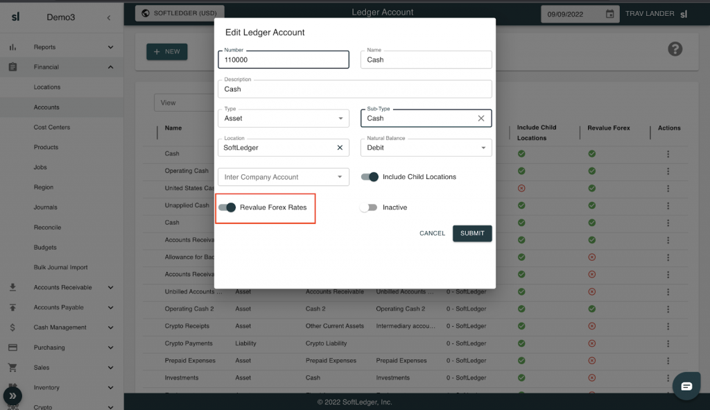 This image shows the edit ledger account screen where you can automatically revalue the forex dates