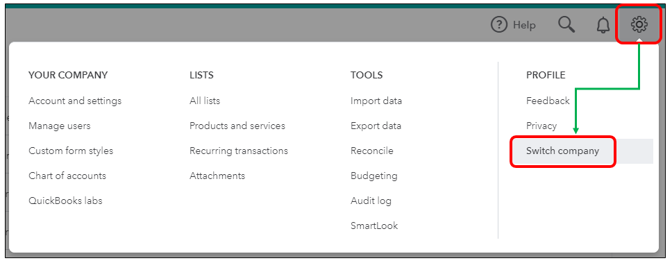 How to switch business accounts in QuickBooks.